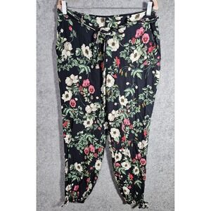 H&M Dark Floral Jogger Pants Womens Size 12 Pockets‎ Drawstring Hem Tie Belt